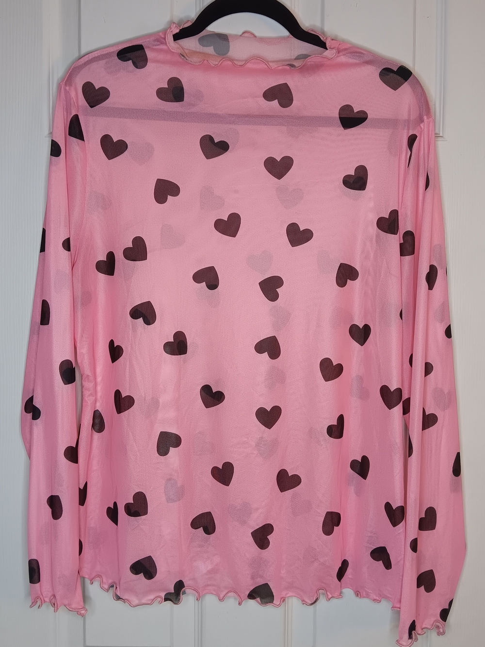Pink Sheer Mesh Heart Print Long Sleeve Top XL